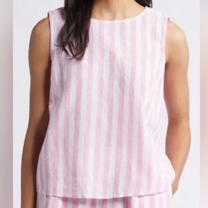 Beach Lunch Lounge Linen Blend Pink & White Striped Sleeveless Tank Top L